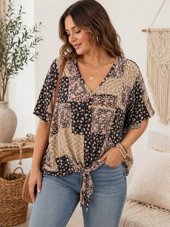 10 10 Tops - 1010 Ten Ten Boho Patchwork Floral Tie Front Top Made in USA 1X